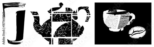 Vintage Tea Pot and Coffee Cup with Coffee Bean in Halftone Vector Design