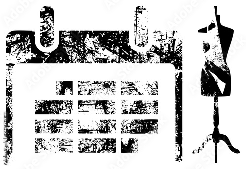 Vintage Calendar and Mannequin Silhouette in Grunge Black and White Vector