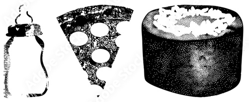 Baby Bottle, Pizza Slice, and Sushi Roll Vector in Halftone Style