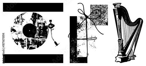 Vintage Record Player, Gift Box, and Ornate Harp Vector Set