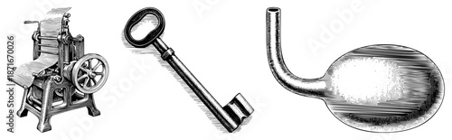 Vintage Printing Press, Antique Key, and Old fashioned Spoon Vector Set