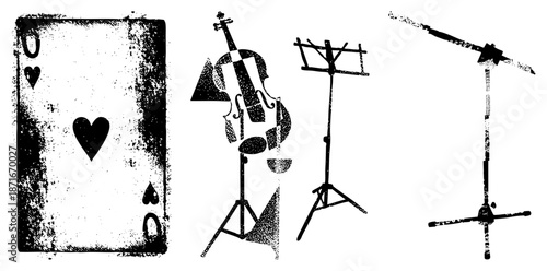 Vintage Playing Card, Violin, Music Stand, and Microphone Stand Silhouettes