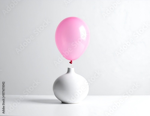 Minimalist composition features a glossy pink balloon suspended above a smooth white ceramic vase against a clean white backdrop
