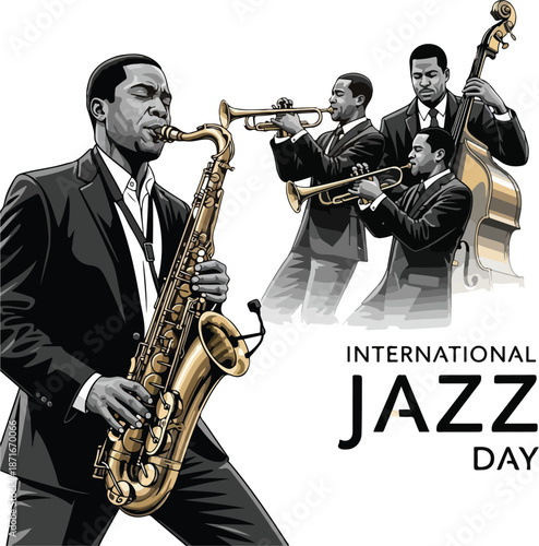 A black and white illustration of a man playing a saxophone, accompanied by other jazz musicians playing trumpet and double bass, celebrating International Jazz Day. Perfect for music