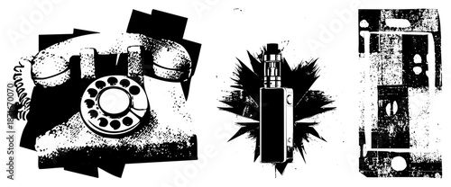Vintage Rotary Phone, Modern Vape, and Cassette Tape in Halftone Vector Set