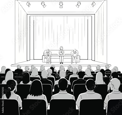 A digital illustration of a jazz concert audience watching musicians perform on stage in a theater with a spotlight. Perfect for International Jazz Day, music events, and festival