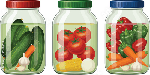 Set of Glass Jars with Pickled Vegetables like Cucumber Tomato and PepperSet of Glass Jars with Pickled Vegetables like Cucumber Tomato and Pepper