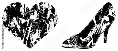 Heart Shaped Urban Graffiti Collage and High Heeled Shoe with Textured