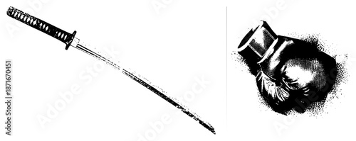 Traditional Japanese Katana Sword and Vintage Boxing Glove Vector Illustration