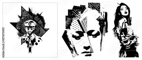 Bold Geometric Portrait Collage of Three Diverse Figures in High Contrast Vector Art