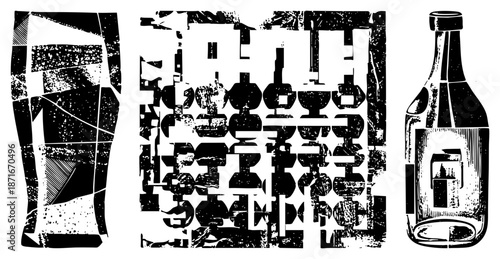 Abstract Geometric Bottle and Glass Silhouettes with Textured Halftone