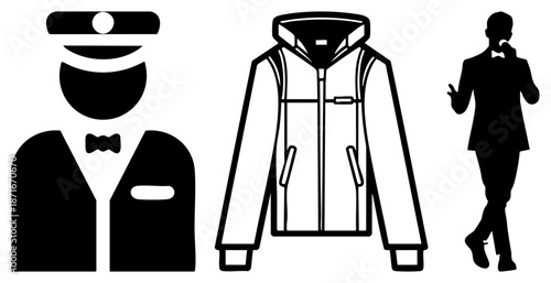 Vector of Uniformed Officer, Waterproof Jacket, and Silhouetted Gentleman