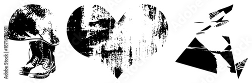 Military Helmet and Boots with Distressed Heart and Abstract Geometric Shapes