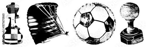 Chess Queen, Parachutist, Soccer Ball, and Trophy in Halftone Vector Set