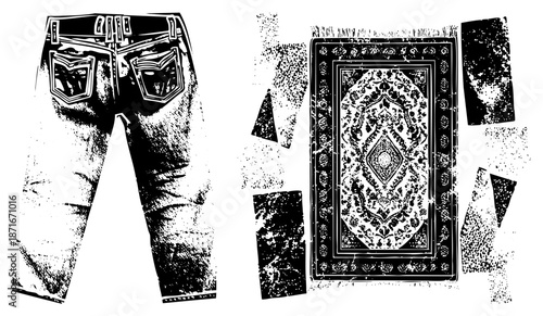 Vintage Denim Jeans and Ornate Rug in Halftone Vector Style