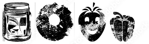 Grungy Black and White Vector of Jar, Donut, Strawberry, and Bell Pepper