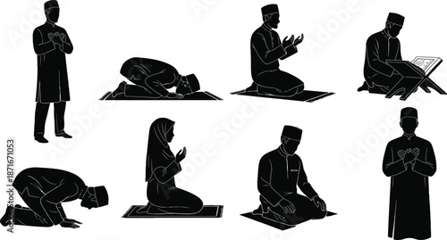 Set of muslim prayer positions silhouettes, men and women performing salah movements