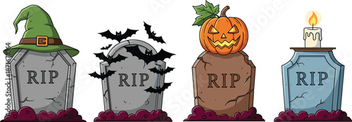 Set of Halloween Tombstones with RIP Inscription and Spooky DecorationsSet of Halloween Tombstones with RIP Inscription and Spooky Decorations