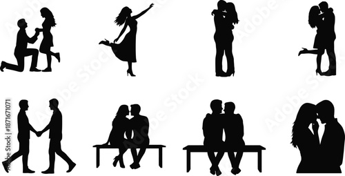 Silhouettes of couples in various romantic poses and interactions