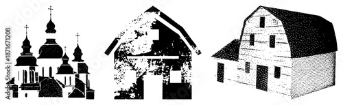 Vintage Eastern Orthodox Church, Rustic Cabin, Barn Halftone Vector