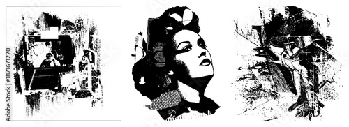 Vintage Halftone Portrait of Elegant Woman with Circuit Board Hairpiece