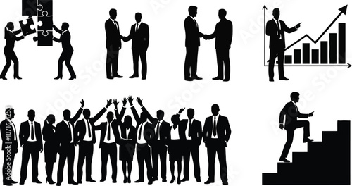 Business teamwork collaboration success strategy growth partnership silhouettes icons set.