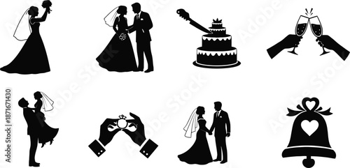 Wedding silhouette icons set bride and groom, cake cutting, toasting, rings, and bell.