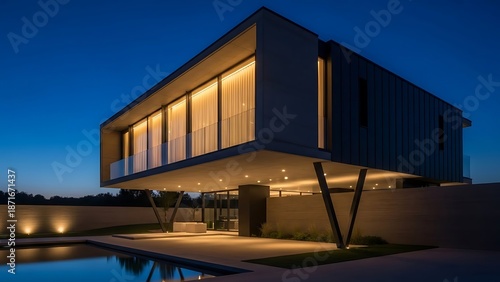 Modern Creative Container House at Night with Reflective Pool for Innovative Architecture and Luxury Living