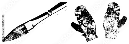 Vintage Brush and Mittens Set in Grunge Black and White Vector Art