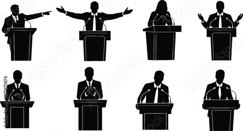 Set of silhouettes of speakers at podiums for debates, presentations, or public speeches