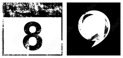 Grunge Styled Number Eight and Abstract Circular Glyph with Distressed Texture