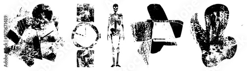 Abstract Grunge Textured Silhouettes in Black and White Vector Set