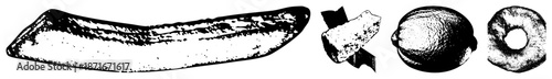 Four Edible Items Illustrated in Black and White Vector Style