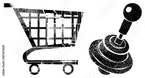 Shopping Cart and Joystick Controller in Halftone Vector Style