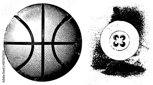 Basketball and Button Vector Illustration with Halftone Texture