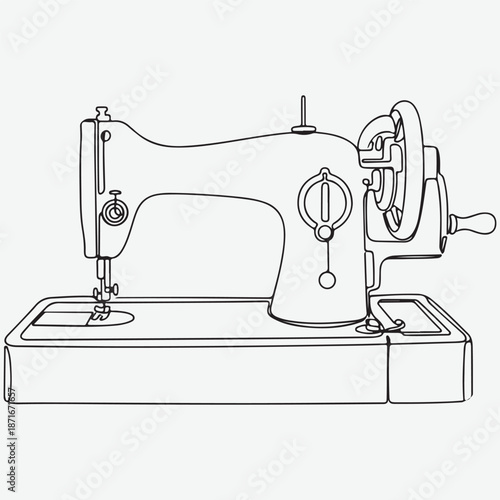 Black line drawing of a vintage sewing machine on a white background retro antique