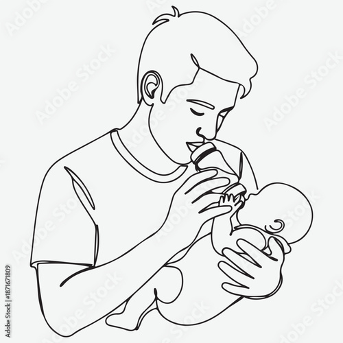 Man feeding baby with bottle continuous line drawing father