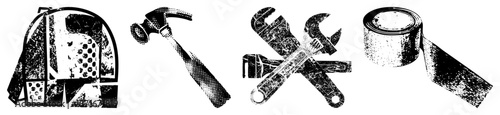 Vintage Tool Set Including Hammer, Wrenches, and Tape Roll in Grunge Style