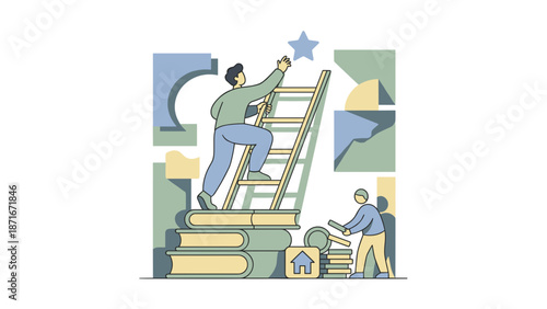 Man Climbing Ladder Reaching for Star Symbolizing Success and Achievement.