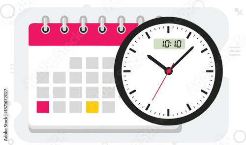 Calendar icon with clock. Icon notice message with clock, agenda symbol with selected important day. Time appointment, reminder date concept, time management. Calendar deadline. Business concep
