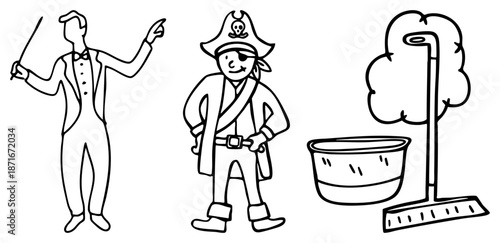 Three Silhouetted Characters Conductor, Pirate, and Street Sweeper
