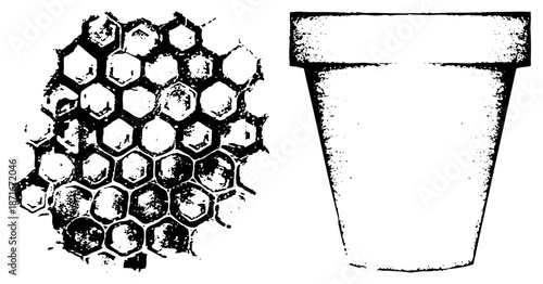 Honeycomb Structure and Ceramic Flower Pot in Stylized Vector Illustration