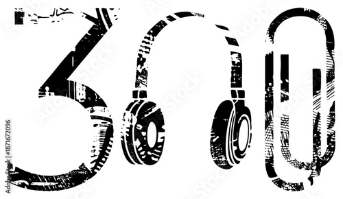 Stylized "360" Text with Headphones Graphic in Grunge Vector Design