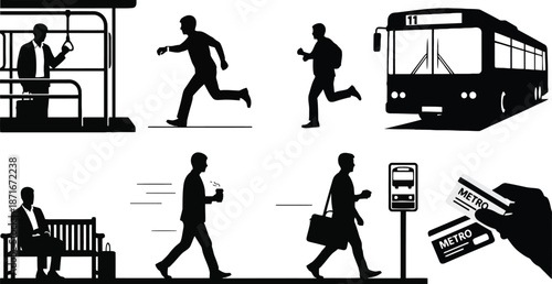 Silhouettes of people commuting, waiting for, boarding, and running for public transportation like a bus or metro