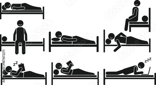 Stick Figure Bed Activity Silhouettes Showing Sleep, Reading, Laptop Use, Posture Variations, Relaxation, Black Icons, Lifestyle Behavior