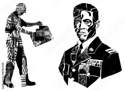Military Officer Portrait and Soldier Silhouette in Halftone Vector Art