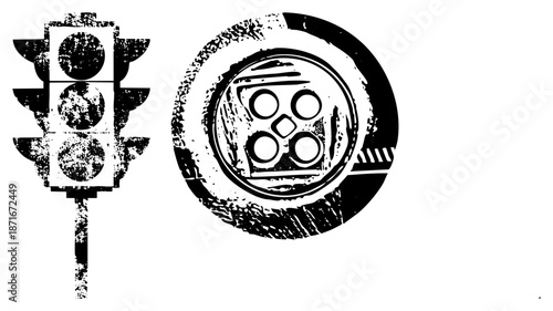 Vintage Traffic Light and Film Reel Set in Grunge Vector Style