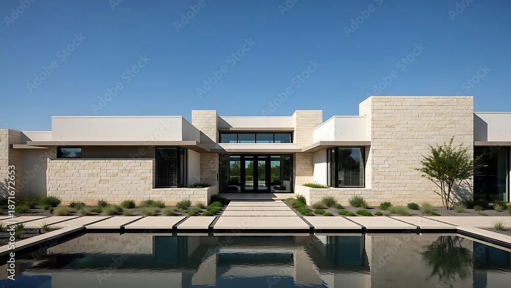 Fototapeta premium Modern Luxury House Exterior with Pool and Landscaping