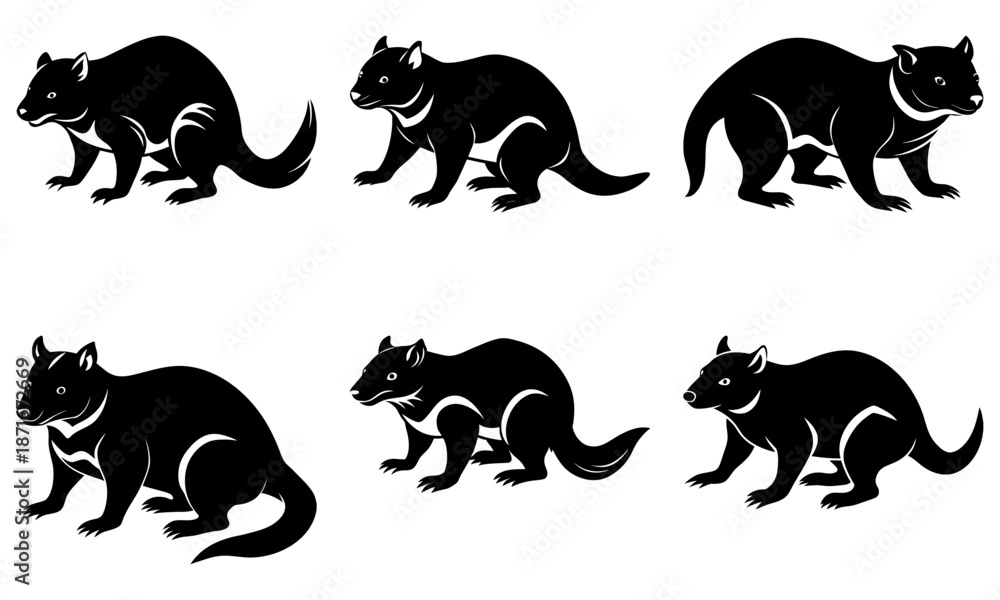 Obraz premium Six black and white badger silhouettes on white background animal wildlife