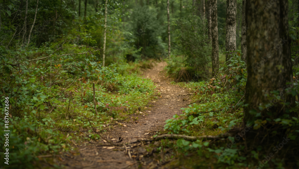 Obraz premium Quiet forest trail winding through green undergrowth and birch trees, calm atmosphere